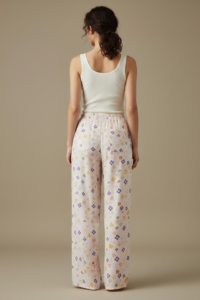 Pantalon Fluide Écru Imprimé Floral Ample Confortable - Lin - vue 2
