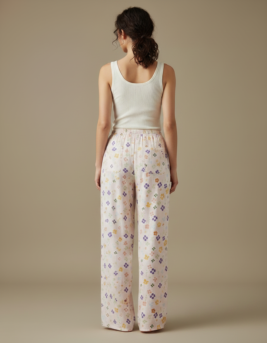 Pantalon Fluide Écru Imprimé Floral Ample Confortable - Lin - vue 2