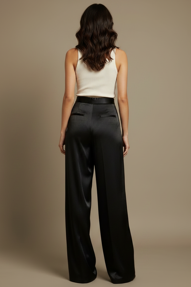 Pantalon Fluide Noir Satiné Taille Haute Élégant - vue 2