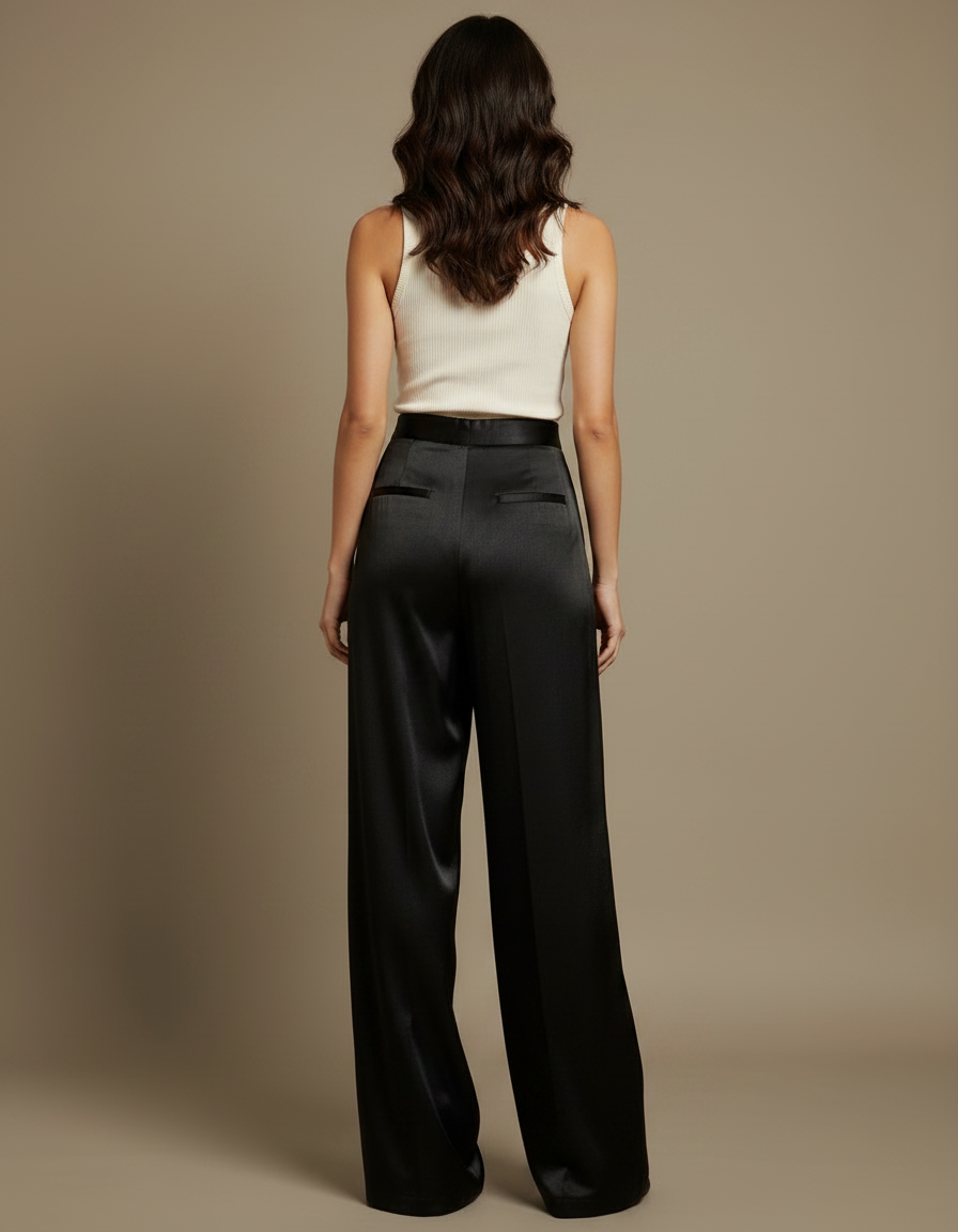 Pantalon Fluide Noir Satiné Taille Haute Élégant - vue 2