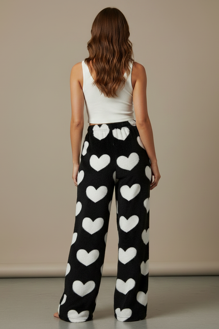 Pantalon Fluide Noir Cœurs Blancs Doux Confortable - Molleton - vue 2