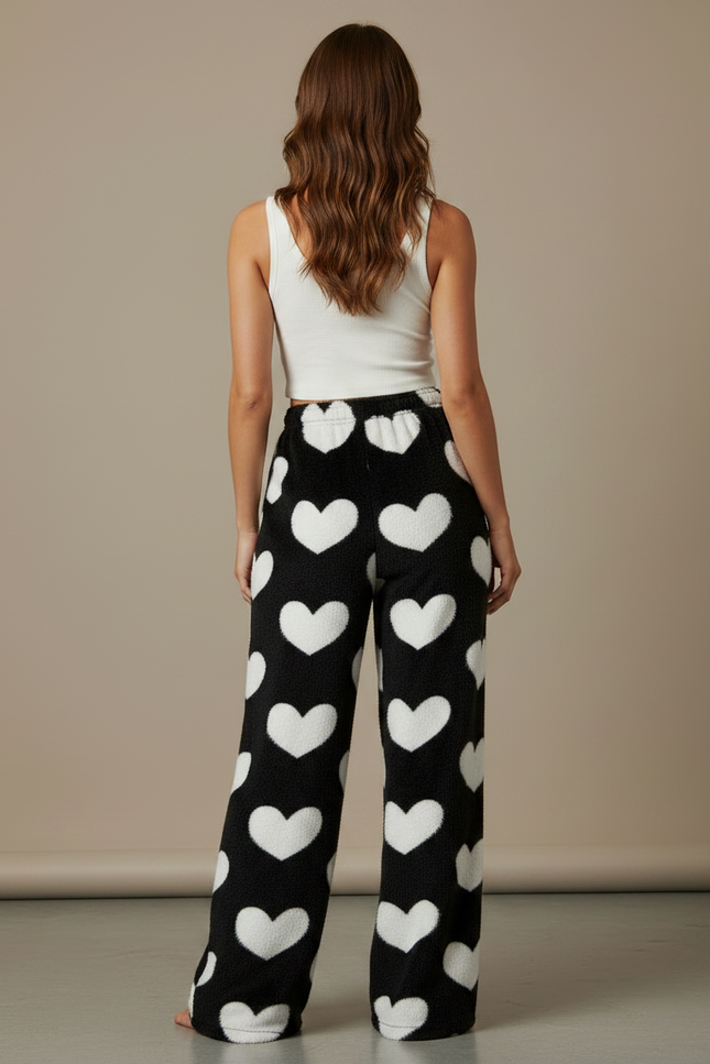 Pantalon Fluide Noir Cœurs Blancs Doux Confortable - Molleton - vue 2
