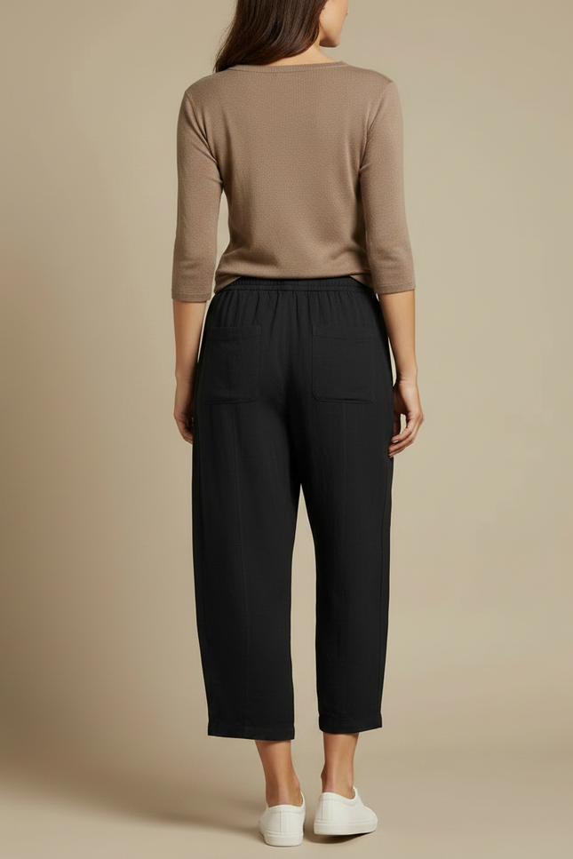 Pantalon Fluide Noir Ample Coton Lin Cordon - vue 2