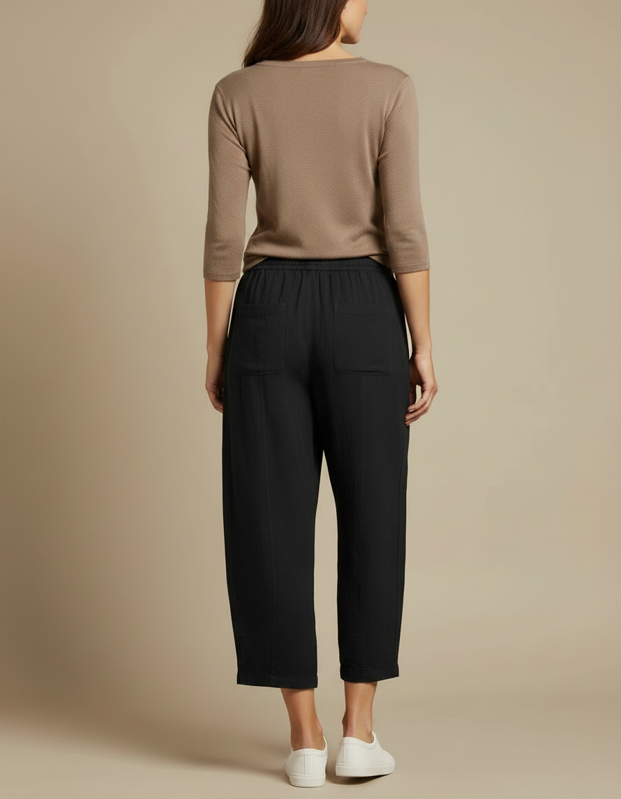 Pantalon Fluide Noir Ample Coton Lin Cordon - vue 2