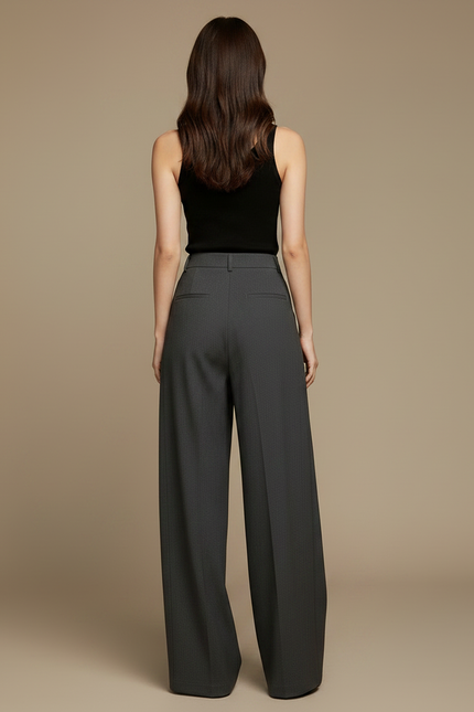 Pantalon Fluide Gris Ample Droit Taille Haute Élégant - Polyester - vue 2