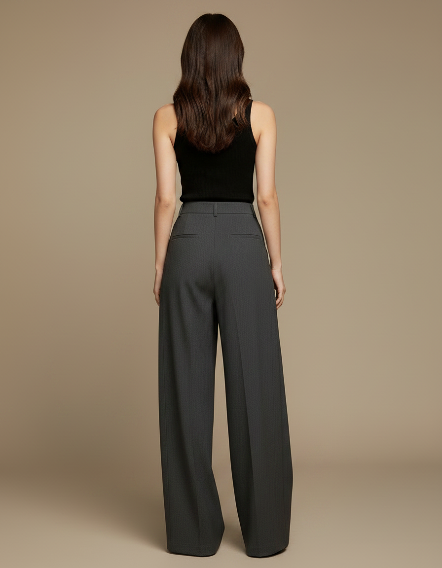 Pantalon Fluide Gris Ample Droit Taille Haute Élégant - Polyester - vue 2