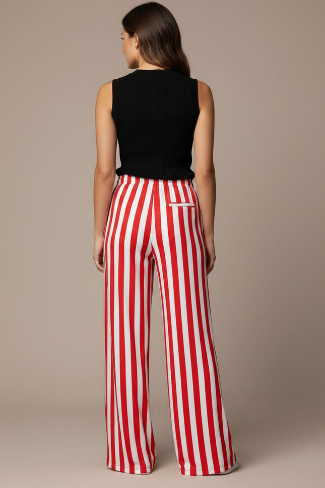 Pantalon Fluide Rayé Rouge Blanc Ample Cordon - Multicolore Maille - vue 2