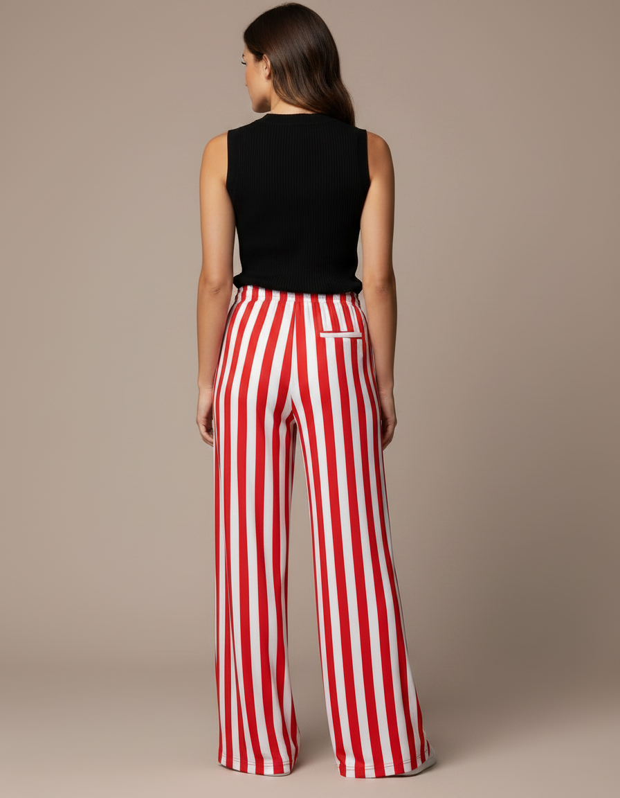 Pantalon Fluide Rayé Rouge Blanc Ample Cordon - Multicolore Maille - vue 2