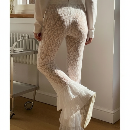 Pantalon Fluide Blanc Dentelle Floral Évasé Volants Transparent - Polyester