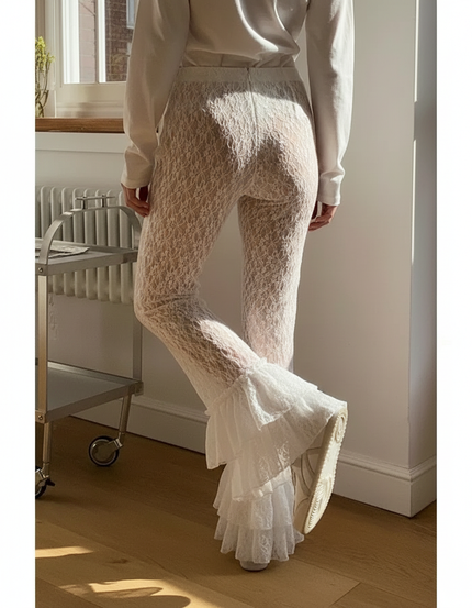 Pantalon Fluide Blanc Dentelle Floral Évasé Volants Transparent - Polyester