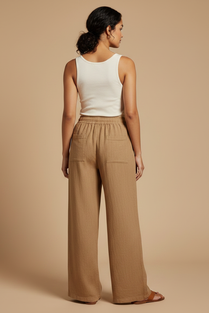 Pantalon Fluide Lin Marron Ample Taille Élastique Décontracté - vue 2