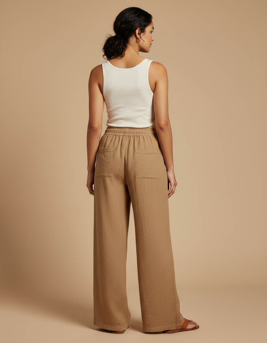 Pantalon Fluide Lin Marron Ample Taille Élastique Décontracté - vue 2