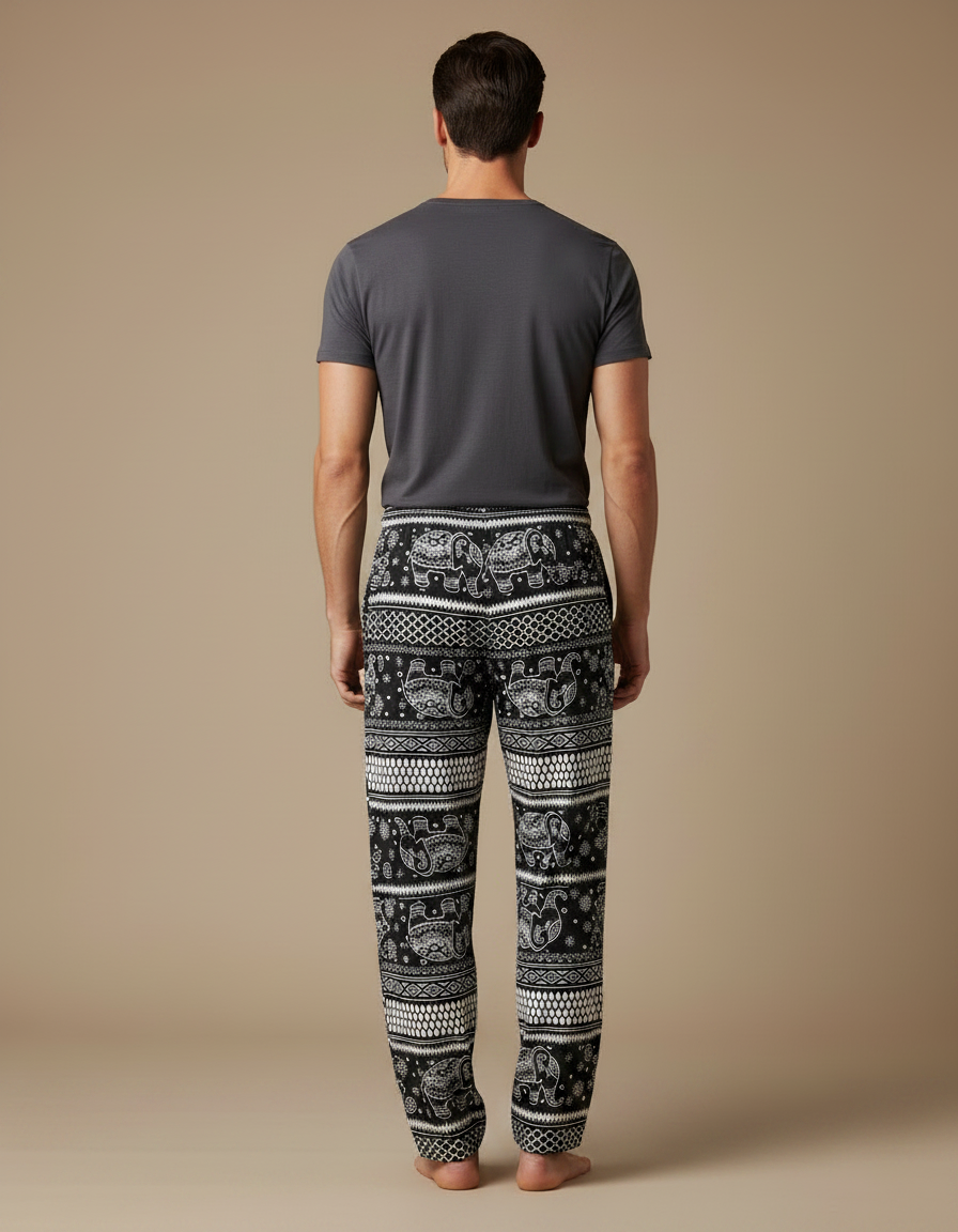 Pantalon Fluide Noir Ample Éléphant Thaïlandais Homme - Imprimé Viscose - vue 2