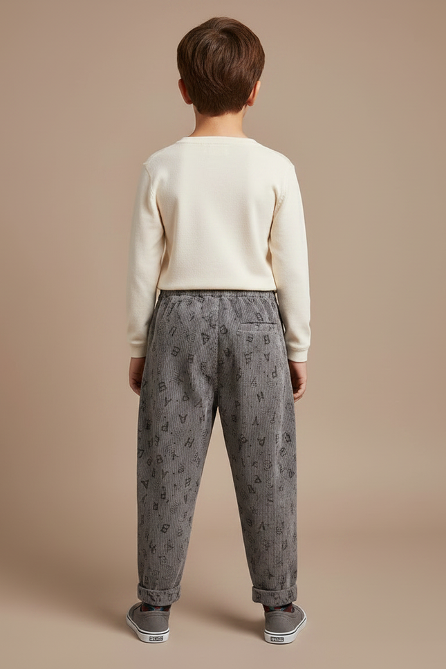 Pantalon Fluide Gris Côtelé Imprimé Lettres Ample - Cordé - vue 2