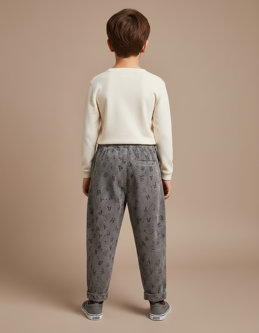 Pantalon Fluide Gris Côtelé Imprimé Lettres Ample - Cordé - vue 2