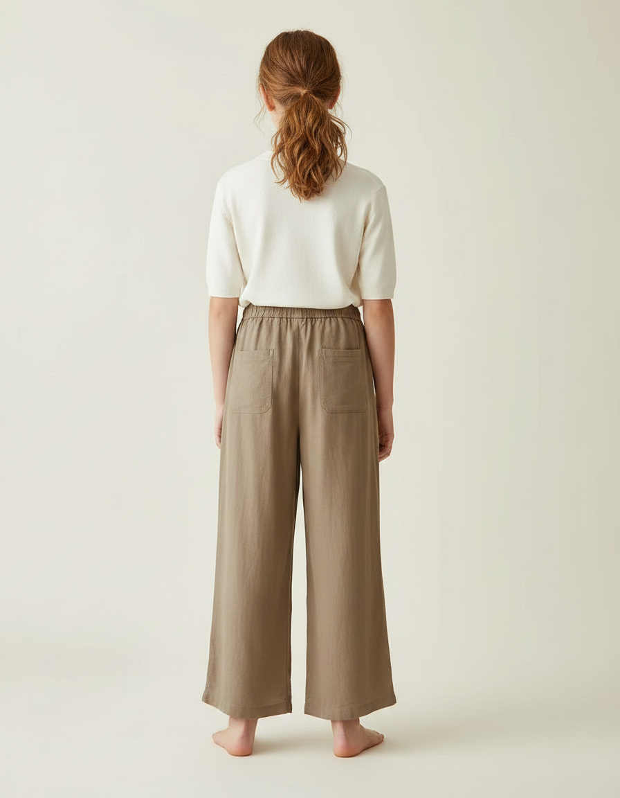 Pantalon Fluide Lin Coton Ample Fendu Marron - vue 2