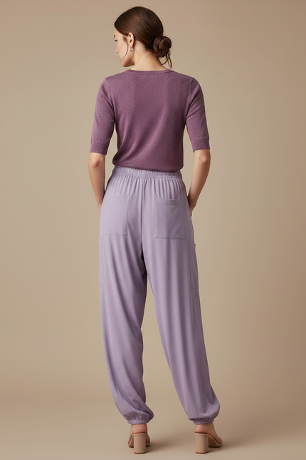 Pantalon Fluide Lilas Ample Élastiqué Cargo Femme - Violet Viscose - vue 2