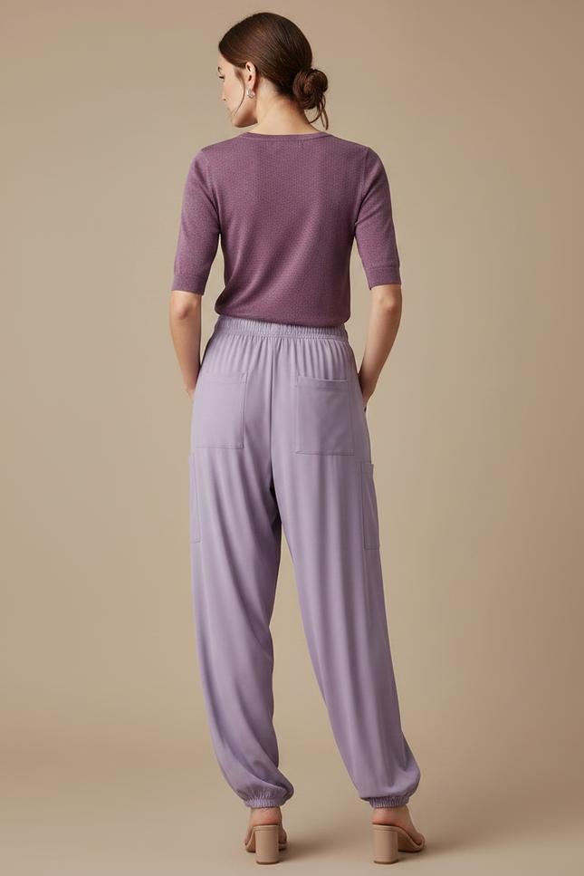 Pantalon Fluide Lilas Ample Élastiqué Cargo Femme - Violet Viscose - vue 2