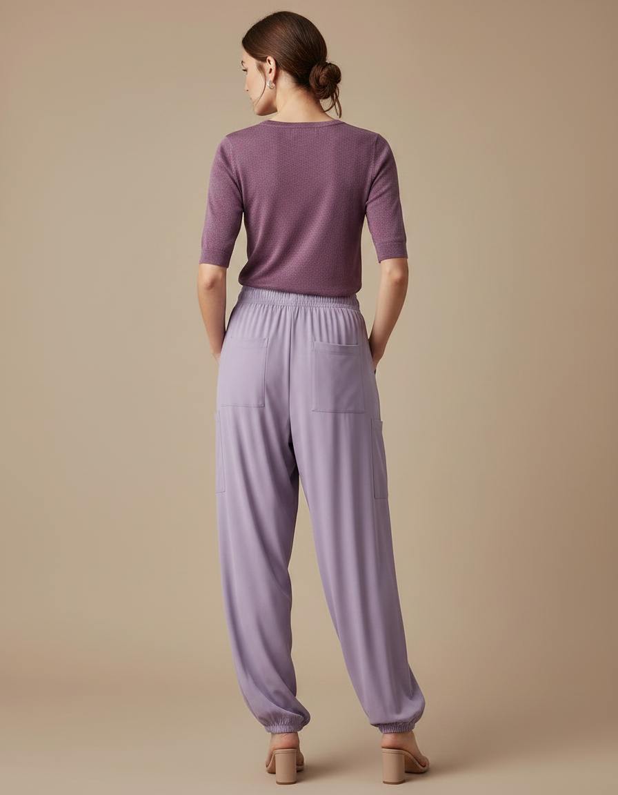 Pantalon Fluide Lilas Ample Élastiqué Cargo Femme - Violet Viscose - vue 2