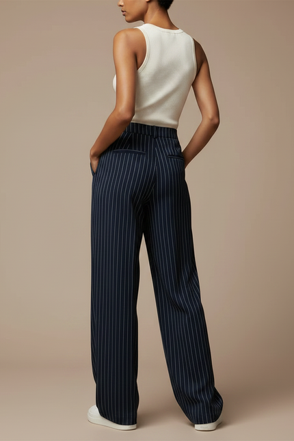 Pantalon Fluide Rayé Bleu Marine Ample Élégant Femme - Viscose - vue 2