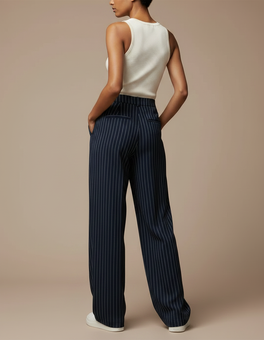 Pantalon Fluide Rayé Bleu Marine Ample Élégant Femme - Viscose - vue 2