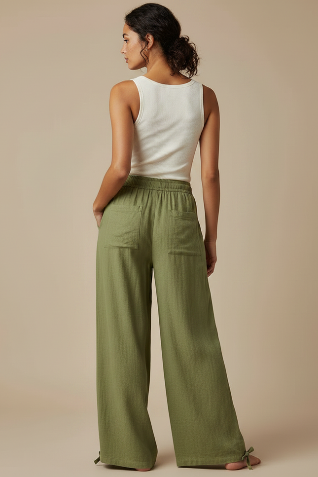 Pantalon Fluide Kaki Ample Coton Lin Femme Cordon - vue 2