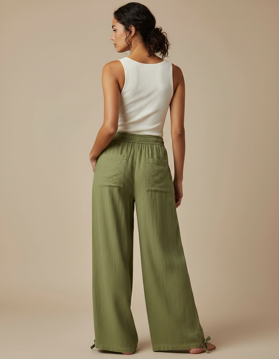 Pantalon Fluide Kaki Ample Coton Lin Femme Cordon - vue 2