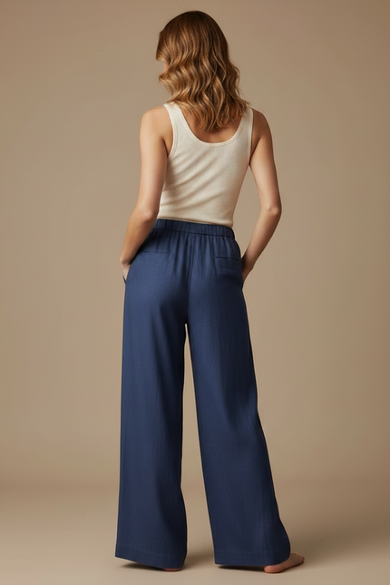 Pantalon Fluide Bleu Cordon Ample Lin Femme - vue 2