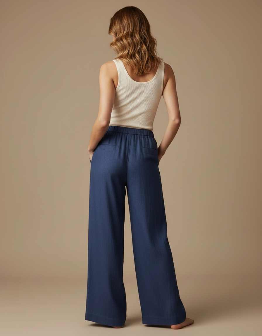 Pantalon Fluide Bleu Cordon Ample Lin Femme - vue 2