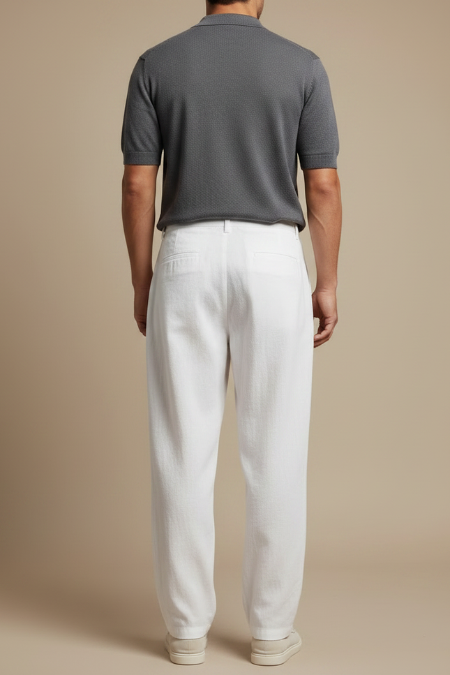 Pantalon Fluide Homme Blanc Lin Ample Boutons Décontracté - vue 2