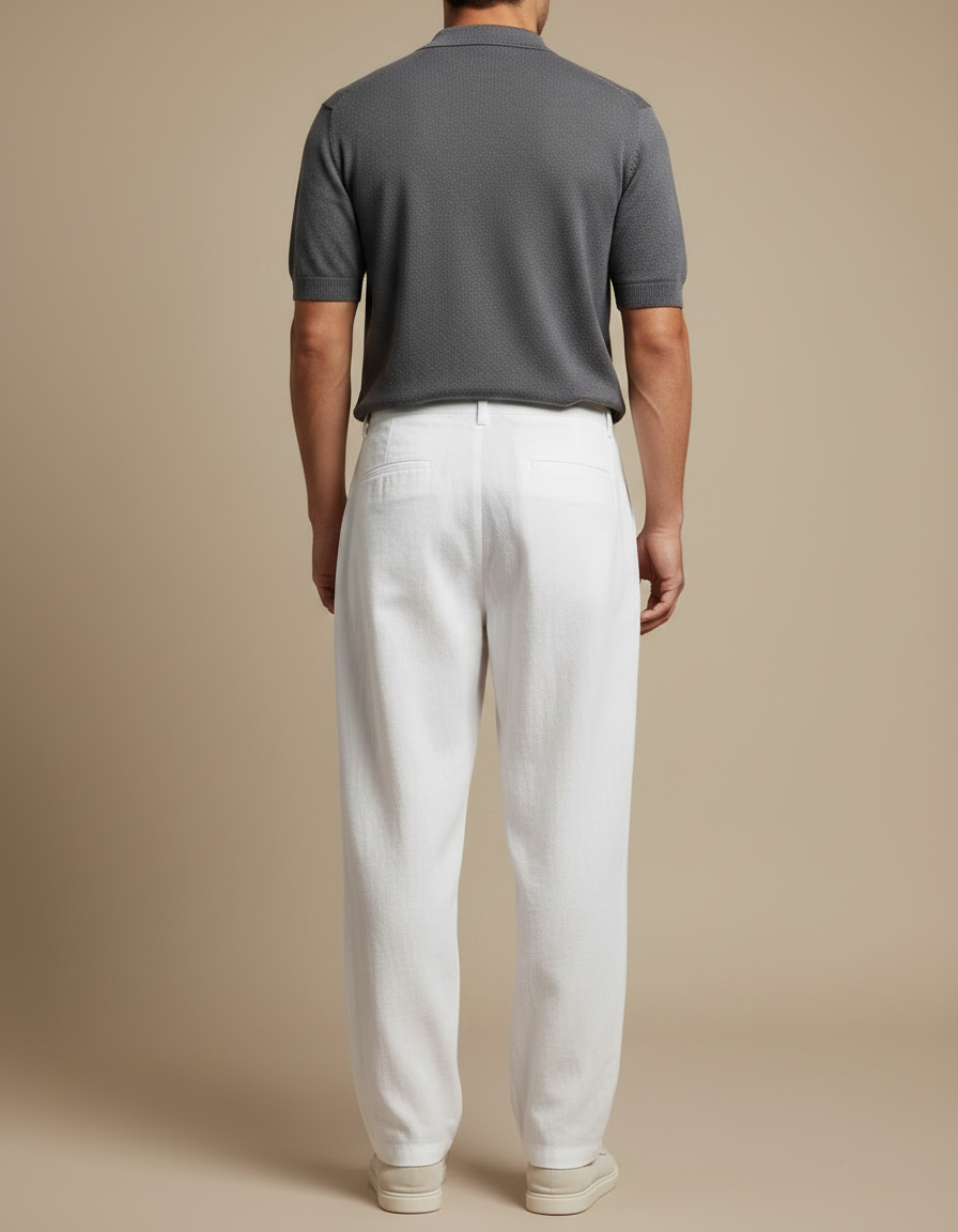 Pantalon Fluide Homme Blanc Lin Ample Boutons Décontracté - vue 2