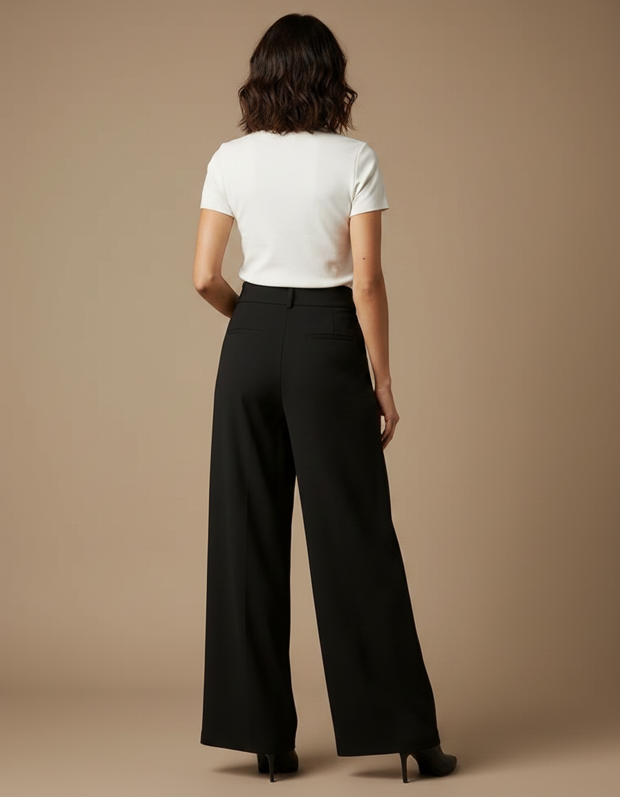 Pantalon Fluide Noir Ample Taille Haute Boutons - Viscose - vue 2