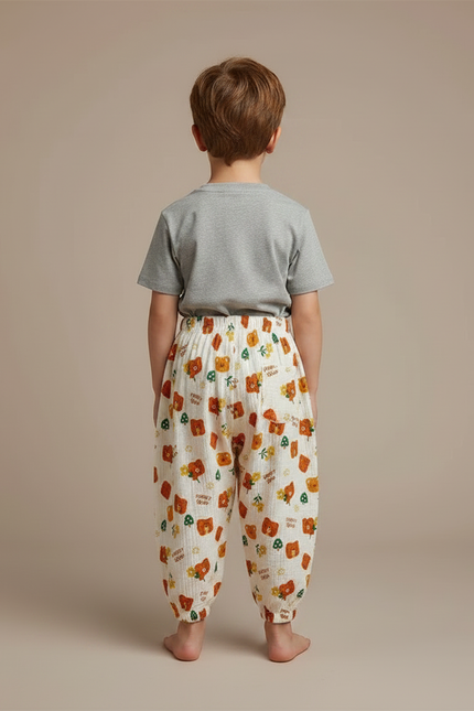Pantalon Fluide Écru Oursons Fleuris Ample Coton Enfant - Beige - vue 2