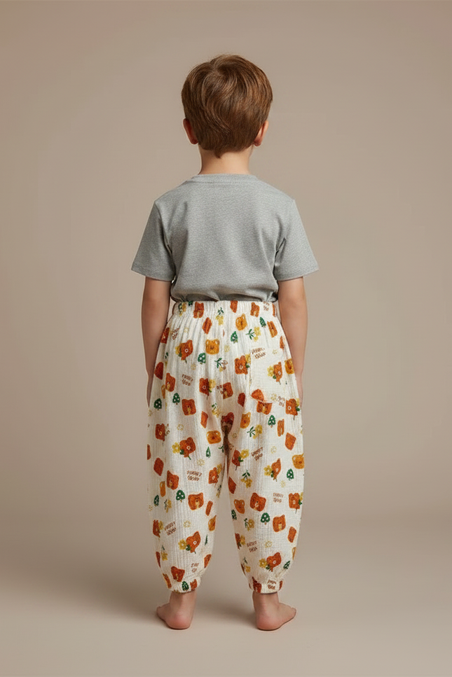 Pantalon Fluide Écru Oursons Fleuris Ample Coton Enfant - Beige - vue 2