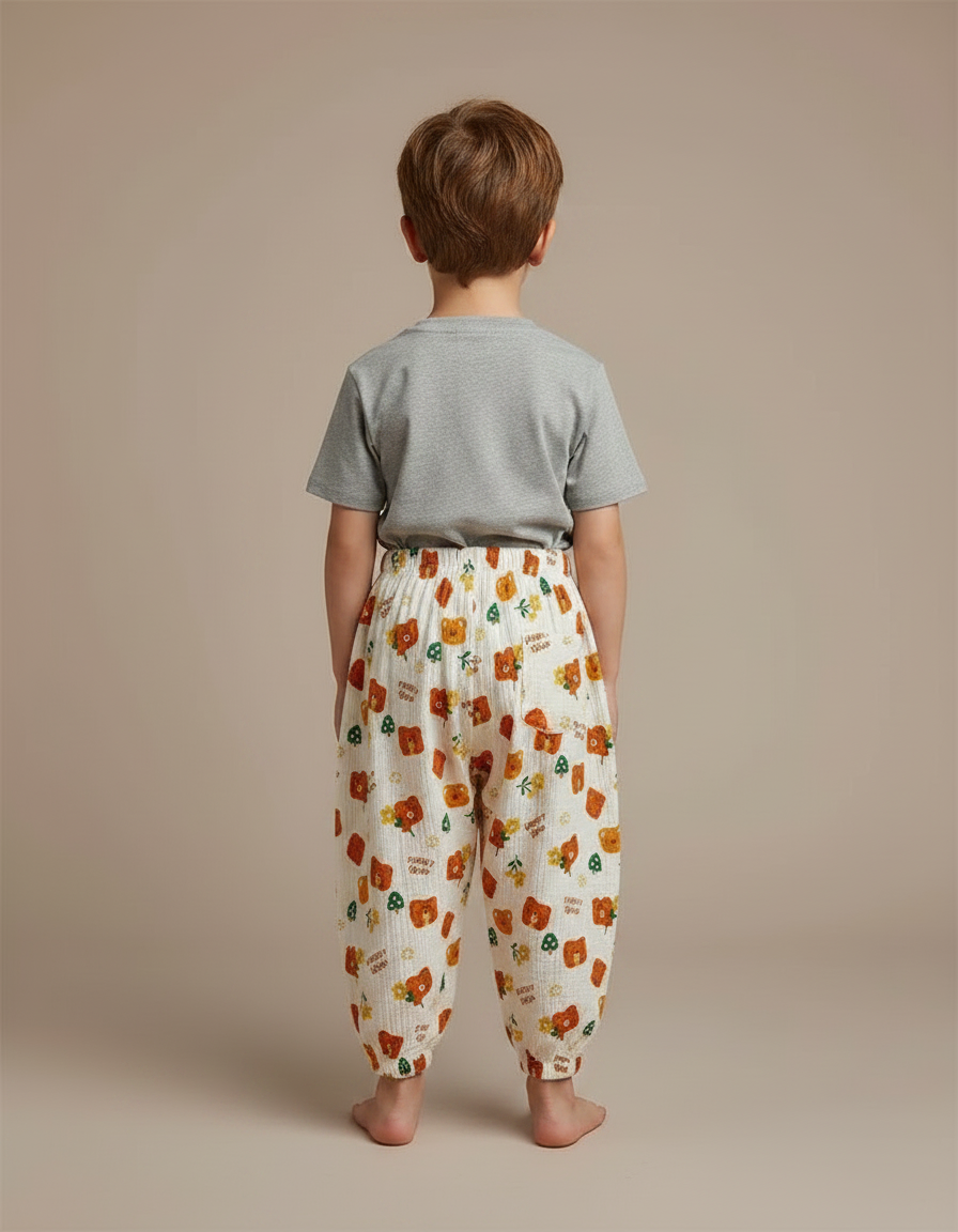 Pantalon Fluide Écru Oursons Fleuris Ample Coton Enfant - Beige - vue 2