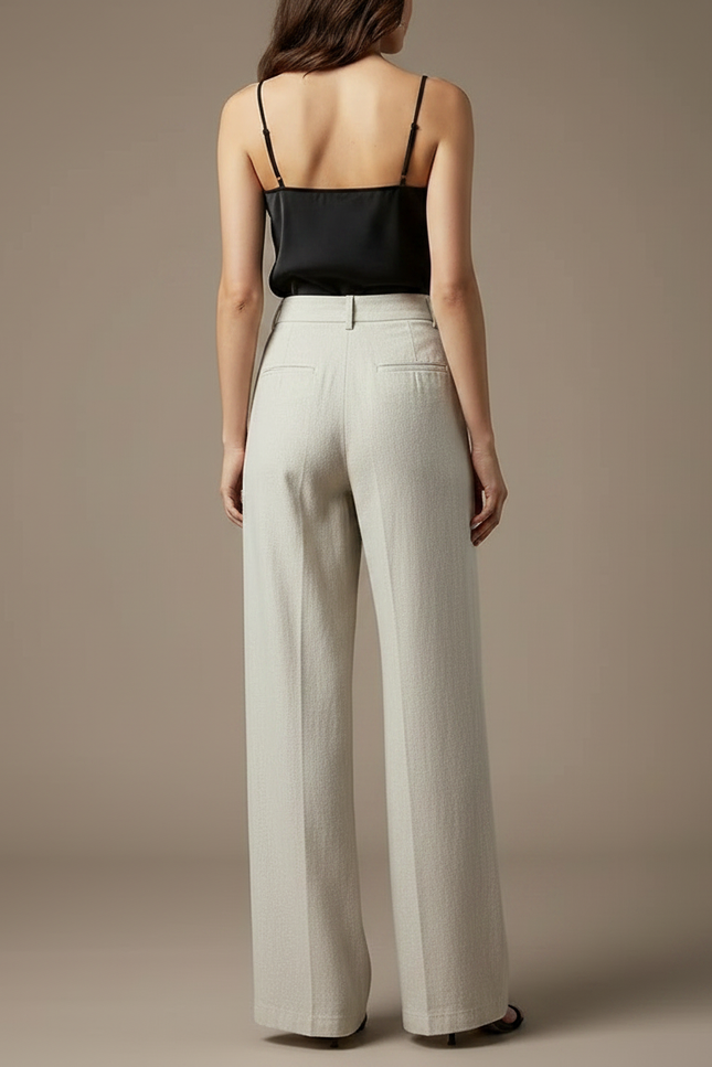 Pantalon Fluide Écru Lin Ample Taille Haute Femme - Beige - vue 2