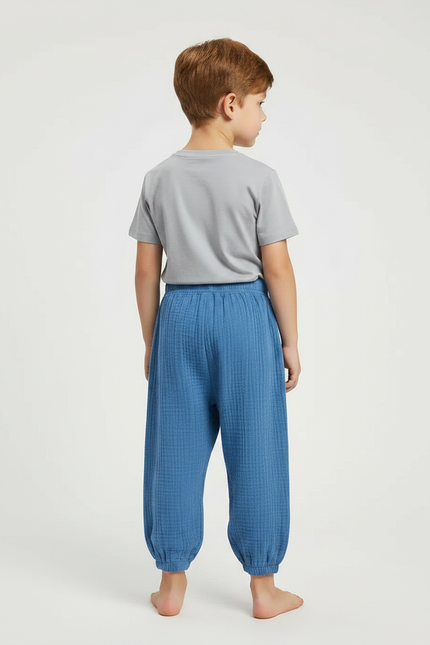 Pantalon Fluide Bleu Coton Ample Garçon Plissé - vue 2