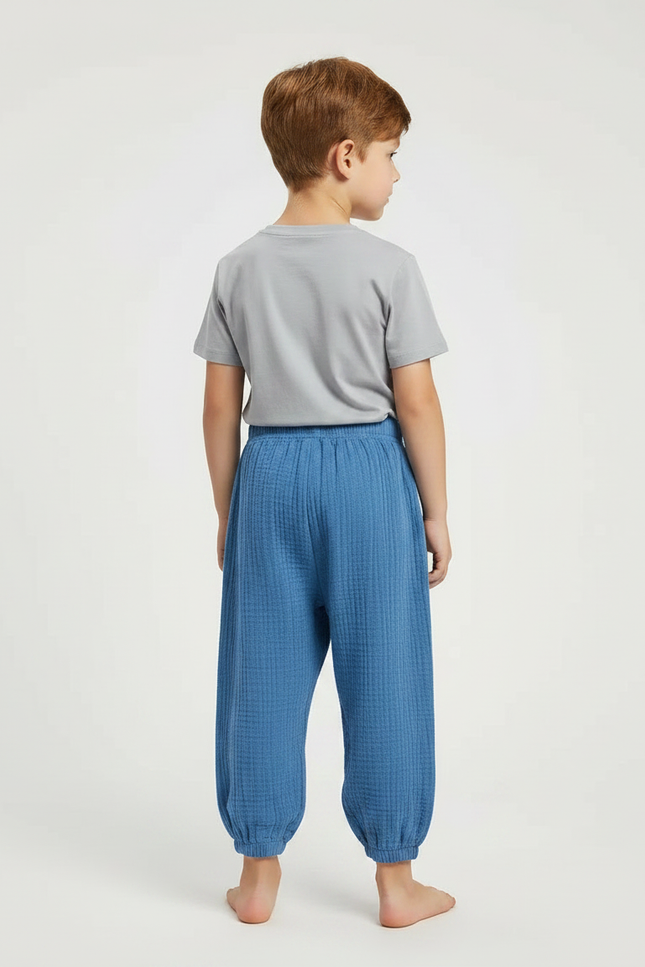 Pantalon Fluide Bleu Coton Ample Garçon Plissé - vue 2