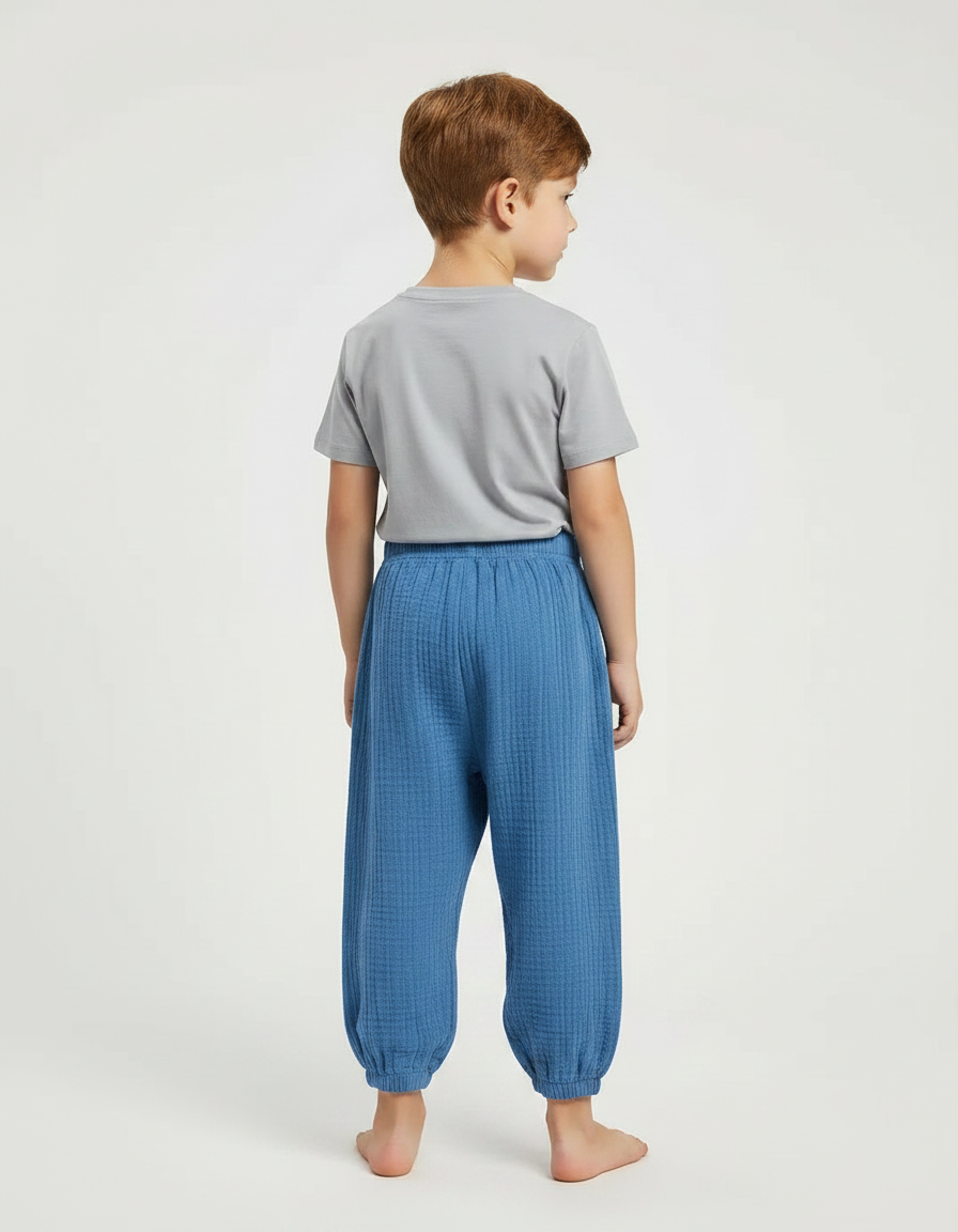 Pantalon Fluide Bleu Coton Ample Garçon Plissé - vue 2