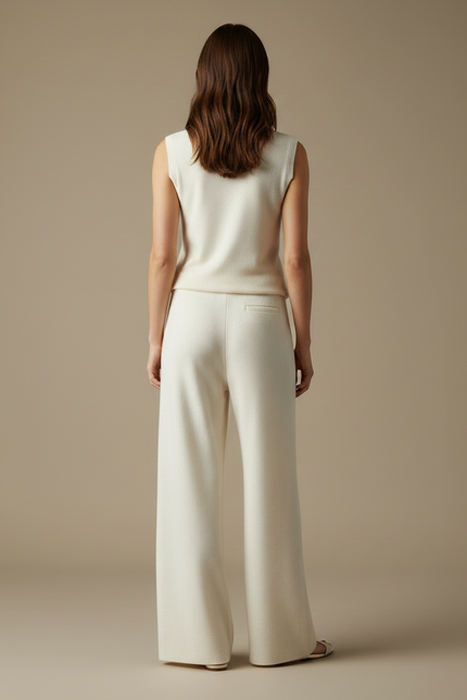 Pantalon Fluide Blanc Cassé Maille Ample Cordon Décontracté - vue 2