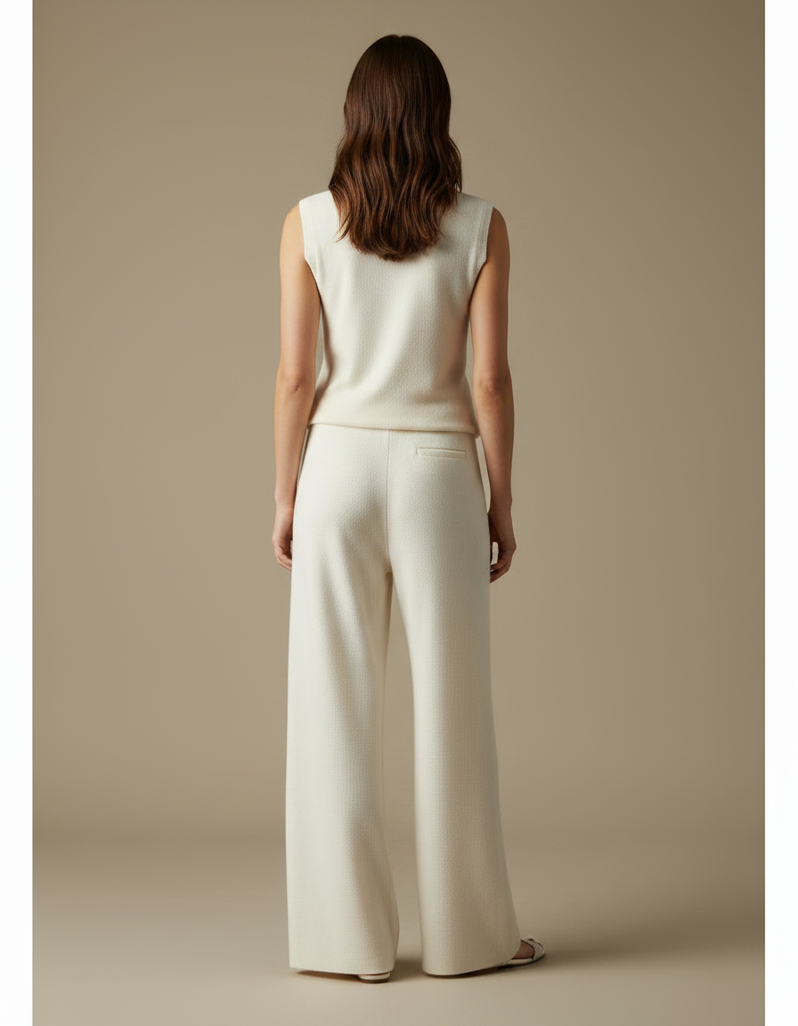 Pantalon Fluide Blanc Cassé Maille Ample Cordon Décontracté - vue 2