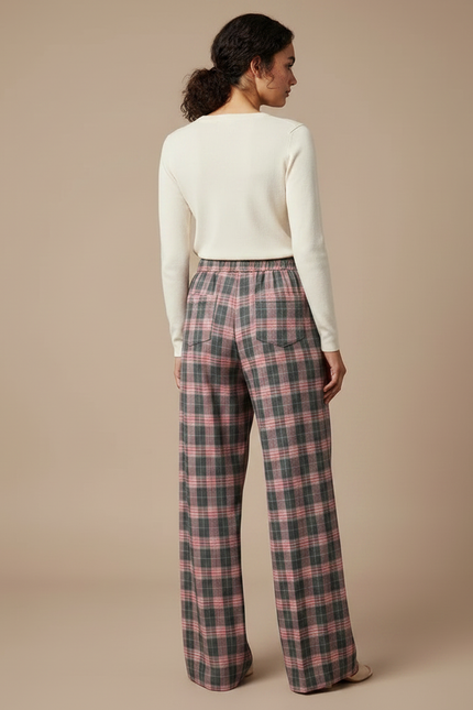 Pantalon Fluide Écossais Rose Gris Ample Décontracté - Multicolore Laine - vue 2