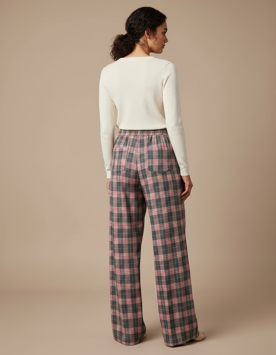 Pantalon Fluide Écossais Rose Gris Ample Décontracté - Multicolore Laine - vue 2