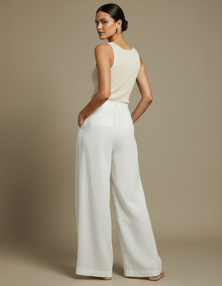 Pantalon Fluide Blanc Ample Taille Haute Lin - vue 2