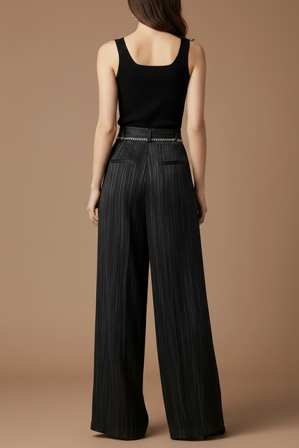 Pantalon Fluide Noir Rayé Large Taille Haute Élégant - Satin - vue 2