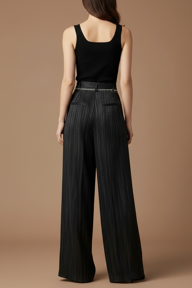 Pantalon Fluide Noir Rayé Large Taille Haute Élégant - Satin - vue 2