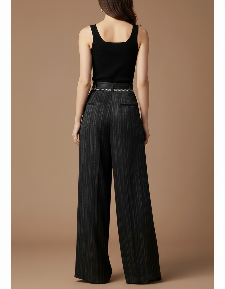 Pantalon Fluide Noir Rayé Large Taille Haute Élégant - Satin - vue 2
