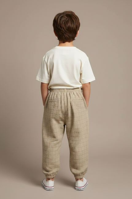 Pantalon Fluide Beige Carreaux Coton Ample Garçon - vue 2
