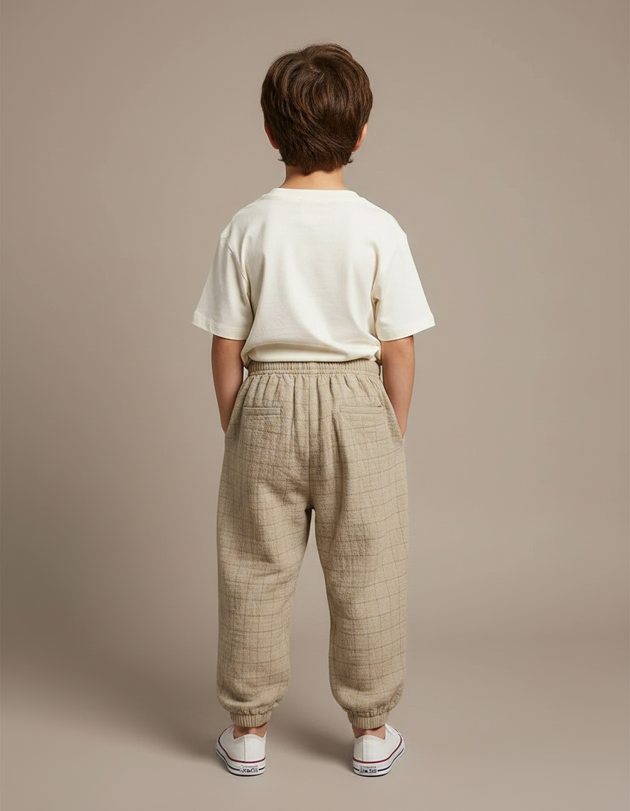 Pantalon Fluide Beige Carreaux Coton Ample Garçon - vue 2