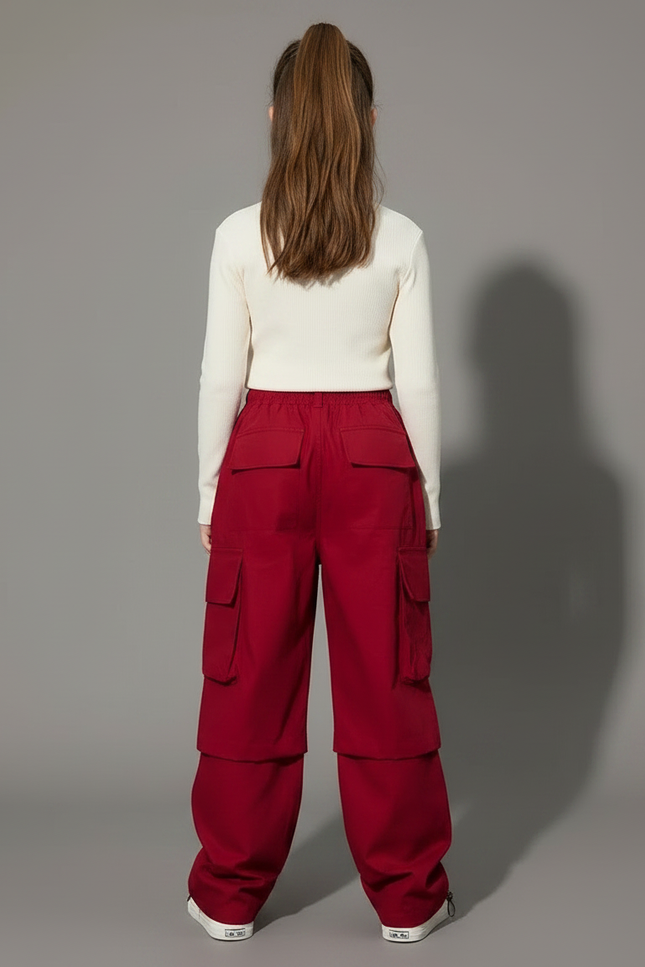 Pantalon Fluide Rouge Cargo Ample Cordon Fille - Polyester - vue 2
